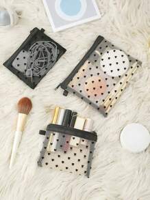 1 pieza Mini bolsa de maquillaje con forma de corazón y malla, estuche portátil multiuso transparente con felpa para lápices labiales