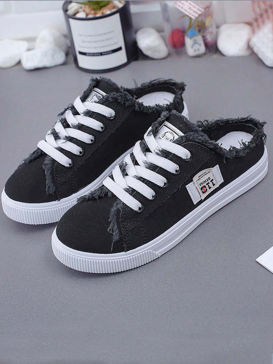 Women Canvas Mules Slip On Sneaker Fashion Comfortable Solid Canvas Slippers Casual Shoes For Women - 黑色 - 查看 1
