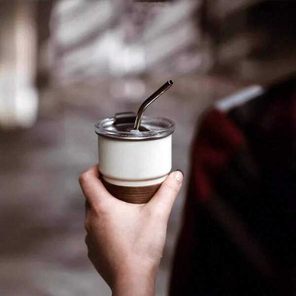 1 pieza Taza de café de acero inoxidable de 300ml con tapa y pajita, taza a prueba de fugas para café/jugo/vino para la oficina, camping, uso al aire libre y regalo para fiestas