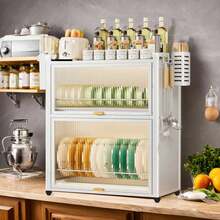 Stainless Steel Kitchen Dish Drying Rack Cabinet With Foldable Shelf, Adjustable Drainer & Dust-Proof Door - White - View 5