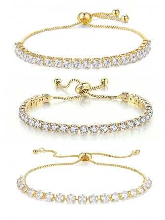 3pcs Set Adjustable Geometric Cubic Zirconia Tennis Bracelet, Suitable For Women And Girls Everyday Wear