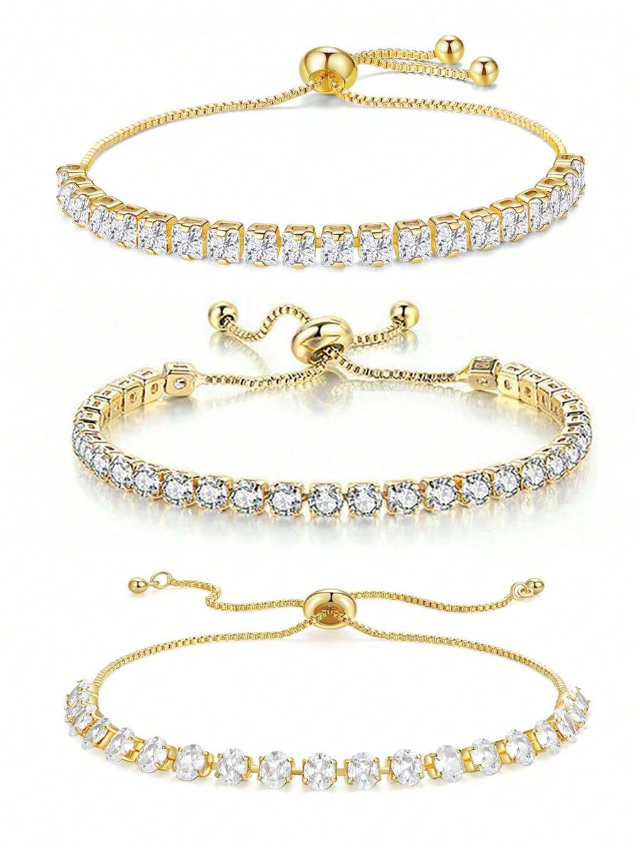 Bộ 3 vòng tay tennis điều chỉnh được, đính đá cubic zirconia hình học, thích hợp cho phụ nữ và bé gái đeo hàng ngày.