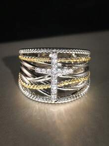 1 件奢华优雅十字设计双色戒指，适合日常佩戴