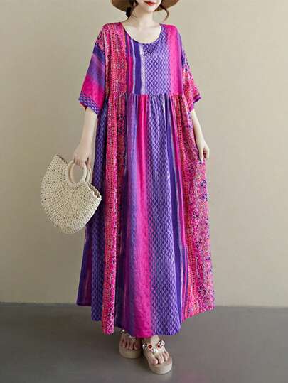 AZAH Plus Size Chinese Spring Festival, 2026 Top, Light And Thin Summer Long Dress, Summer Elegant Women's Wear, Plus-Size Women's Wear, Traditional Costumes, Rose Red Retro Printed Sleeve Round Neck Costumes, Summer Casual Holiday Style Daily Wear, One Dress