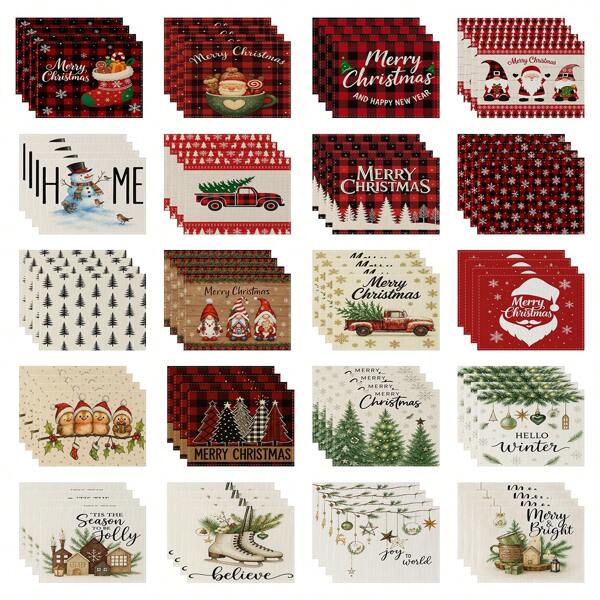 1/4pcs Set Christmas Plaid Linen Print Placemats, Winter Santa Claus, Christmas Tree, Snowman And Deer Placemats, Polyester Rectangular Washable Coasters, Kitchen Tablecloths, Coffee Mats, Suitable For Kitchen, Dining Room, Wedding, Home Decor, Room Decor, Indoor Decor, Tabletop Decor, Holiday Party Decor, Ideal Gift