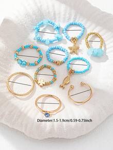 8 件海洋海滩风格海星戒指套装，种子串珠波西米亚戒指，贝壳戒指女士波西米亚风格珠宝适合度假、日常佩戴 - A12739 - 查看 10