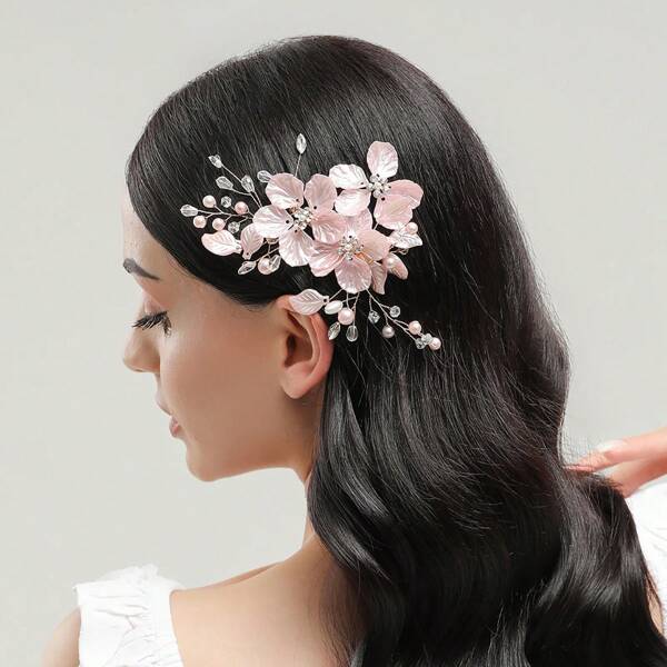 1pc New Korean Style Bridal Wedding Headpiece, White Shell Petal Handmade Pearl Crystal Hair Clip