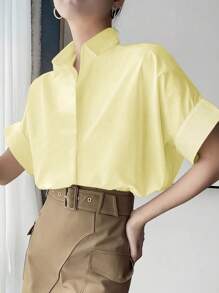 Women's Commuter Casual Simple Solid Color Batwing Short Sleeve Elegant Lapel Collar Blouse - Comfortable Shirt Perfect For Office, Work, And Everyday Wear