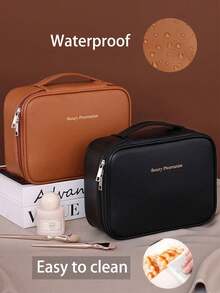 Large Capacity Spacious Double Layer Cosmetic Bag, PU Leather Waterproof Cosmetic Bag, Cosmetic Storage Bag, Lightweight Toiletries Cosmetic Bag, Large Capacity Toiletries Bag With Dividers, Cosmetic Travel Bag, Multifunctional Travel Storage Bag Make Up Bag