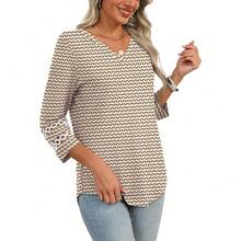 XIEERDUO 3/4 Length Sleeve Womens Tops Dressy Casual Blouses For Women 2025  V Neck T Shirts Summer Clothes - Z Brown 幾何 - 查看 4