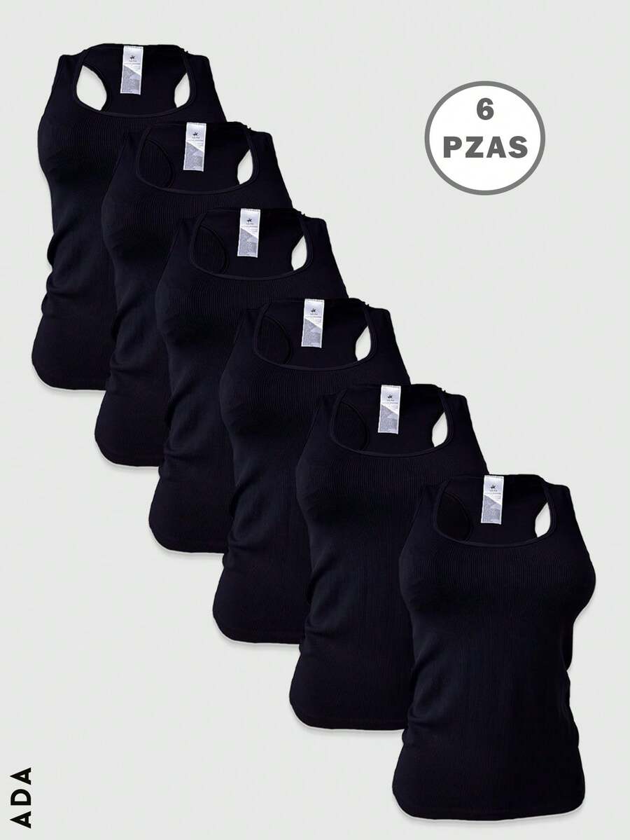 Kit de 6 camisetas de tirante ancho, multicolor, sexy y casuales para mujer, tela de poliéster y elastano, ideales para temporadas de primavera y verano. Diseño ajustado, cuello redondo, sin mangas, muy ligeras y cómodas. Te llegarán 6 camisetas en colores al azar. - Negro 6P - Ver 1