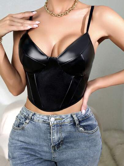 EZNV 1pc Sexy Leather Strap Camisole Top, Bodycon Tight Fit Corset Style