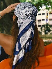 1pc Women's Blue & White Paisley Print Scarf, Satin Smooth Feeling Headscarf/Neckerchief, Suitable For Dress Matching