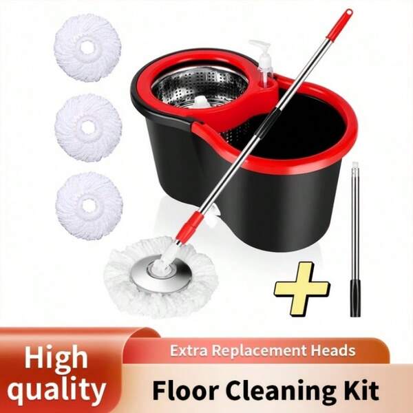 Set de vadrouille rotative à 360° en acier inoxydable avec seau, vadrouille de salle de bain et seau avec 3 têtes de vadrouille microfibre super et un manche réglable de 61 pouces, convient pour le nettoyage des sols et marin