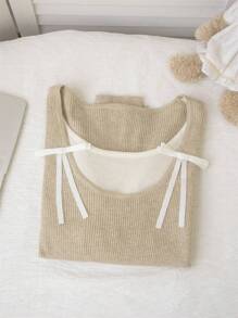 RUIWY Women's Sweet Bowknot Designed Colorblock Long Sleeved Slim Fitted Sweater Round Neck Pullover Top For Autumn