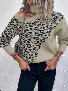 ملابس علوية محبوكة جديدة للنساء في فصل الخريف/الشتاء، أنيقة وعصرية للاستخدام اليومي، بتصميم غير متماثل مع نقشة نمر جاكار، وأكتاف مكشوفة وياقة عالية وأكمام طويلة