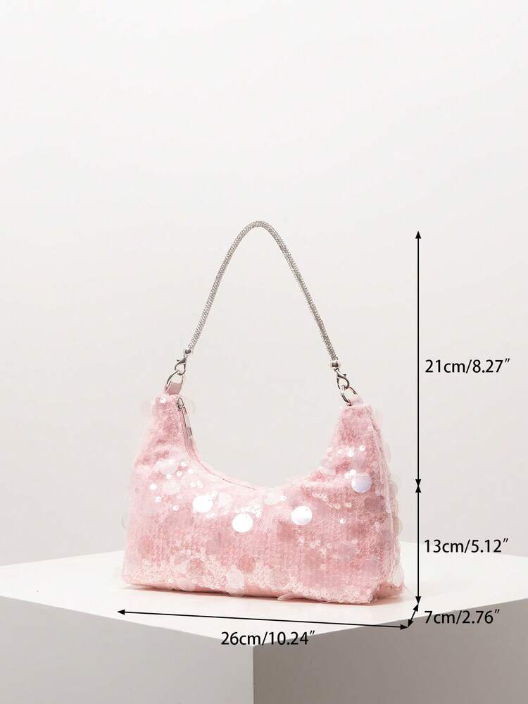 Shiny Sequin Shoulder Bag, Sequin Bag, Bridal Party, Premium Style Ladies Handbag, Prom Bag, Prom Accessories, Elegant Women's Bag, Wedding Items, Sparkling Prom Wallet (Pattern Random) , Pink , Beach, Summer Outfits - Pink - View 7