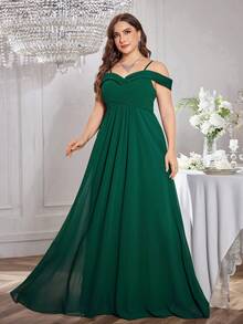 UNITHORSE Plus Size Women Solid Color Chiffon Ruffle Cross Waist Dress, Elegant Bridesmaid Dress - Dark Green - View 3