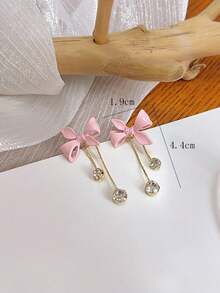 Pink Bowknot Tassel Long Earrings With Rhinestone For Women Sweet Girl Jewelry Studs Summer Valentines Gift Mom Mother Day Fashion - 粉色 - 查看 5