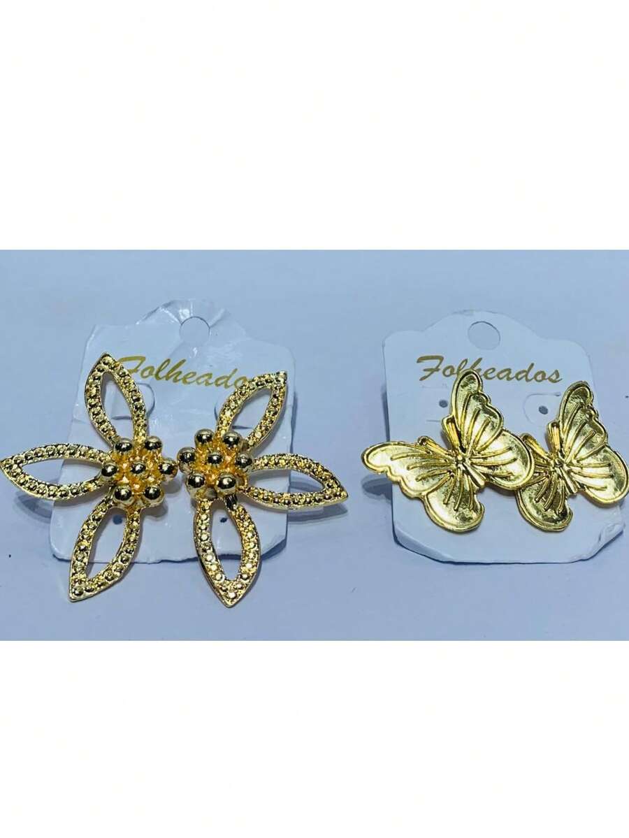 KIT DE 2 PARES DE BRINCOS FOLHEADOS ELEGANTES, ESTAMPAS VARIADAS, TAMANHO 2 A 5 CM - KIT 10 - Visão 1