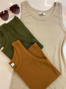 Kit Of 3 Women's Tank Tops In Ribbed Knit, Casual, Comfortable Cotton For Everyday Wear - Assorted Colors - Màu sắc hỗn hợp - Xem 4