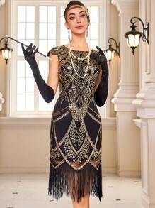 LVNES 1920s Vintage Gatsby Cocktail Dress, Elegant Beaded Embroidered Ball Dress