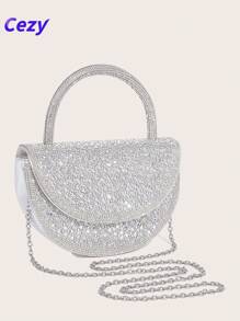 Cezy 1 pieza Elegante bolso de mano plateado de strass, forro de poliéster resistente - Correa para el hombro desmontable y cierre magnético - Clutch ligero para la noche, adecuado para bodas, fiestas y eventos formales
