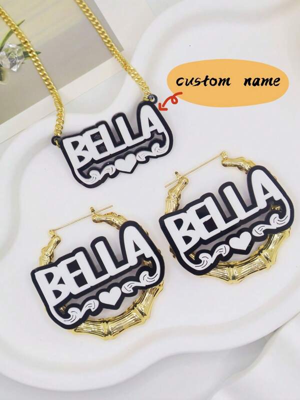 1PC Name Plate Necklace And Earrings Set, Bamboo Earrings Set, Girls And Adults Jewelry, Colorful Nameplate Necklace, Personalized Acrylic Jewelry