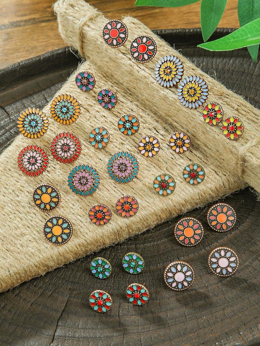 TopHanqi Bộ 16/8/4 đôi hoa tai đính đá phong cách Bohemian, trang sức hình tròn hình học màu bạc/đồng cổ, phù hợp với phụ nữ đeo hàng ngày, thời trang đường phố, quà tặng, mọi mùa - Nhiều màu - Xem 1