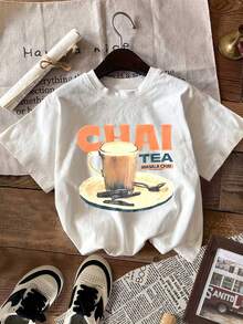 Summer Casual Vintage CHAI Graphic Crew Neck T-Shirt - trắng - Xem 2