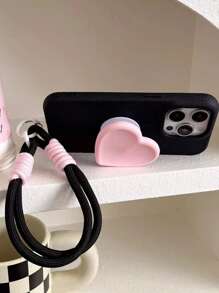 1 pieza Soporte/Soporte de teléfono de silicona con forma de corazón rosa y negro apto para 13/14 Pro Max/15, Funda de teléfono con cordón, Protector de teléfono estilo gótico oscuro de chica
