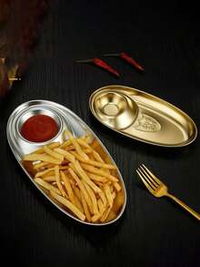 1pc Stainless Steel Sectional Snack Plate, Creative Sushi Dumpling Dish, Oval Small Appetizer Serving Tray, Suitable For Hotel & Restaurant - Gold - View 4