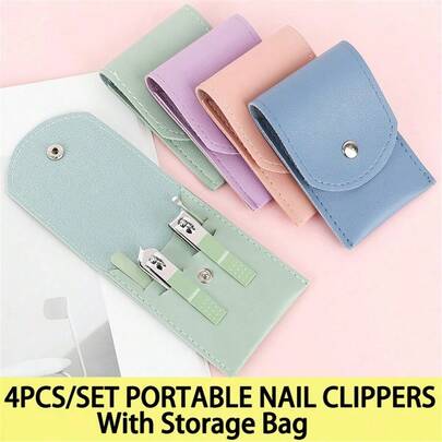 4 件套不锈钢美甲套装，包括指甲钳和便携式指甲锉，专业美容工具套装，适合旅行或家用