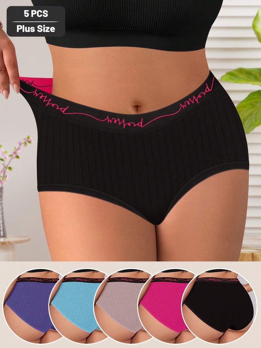 MEIYATING 5pcs Large Size Underwear, Plus Size, Women'S Underwear, Mid-Waist Underwear, Letter Belt, Vertical Stripes, Soft Style - Nhiều màu - Xem 1