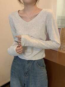 2025 新款 V 领长袖修身 T 恤，女士分层上衣，春秋季