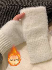 2 Pairs Unisex Solid Color Cute Fuzzy Half-Finger Gloves, Warm Outdoor Cycling Mittens With Wrist Protection For Autumn/Winter, Suitable For Daily Use