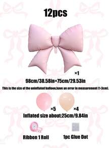12pcs Large Pink Bow Foil Balloons, Macaron Color Latex Balloon Set, Includes Ribbons & Glue Points Accessories For DIY, Suitable For Wedding, Engagement, Anniversary, Princess Party, Birthday Decoration - 粉色 - 查看 4
