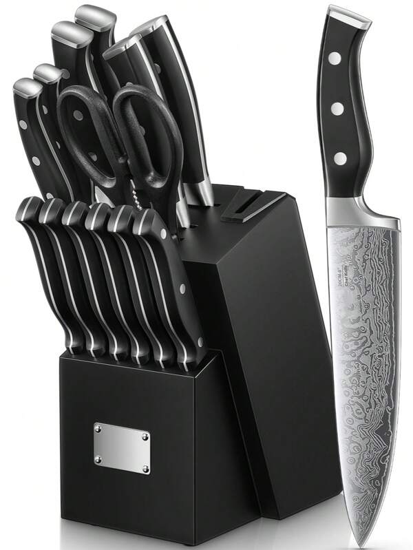 Knife Set, 14 Pieces Kitchen Knife Set With Built-In Sharpener, Stainless Steel Knives Block Set With Unique Waved Pattern, Non-Slip Handle