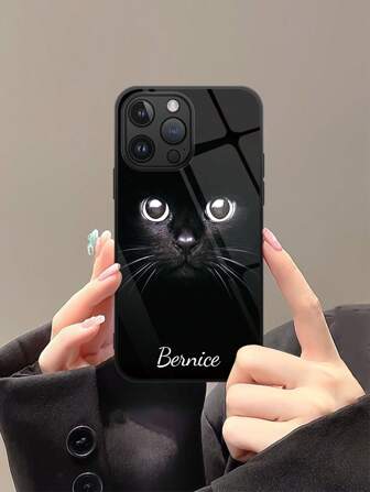 1個 カスタマイズされた猫のテキスト高解像度ガラススマホケース、iPhone 16 Pro Max/17 Pro Max/17 Air、S24 Ultraなど対応。若い女の子に適したギフト