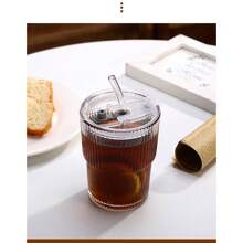 1pc Summer Fashion Striped Glass Water Cup, Reusable Beverage Glass With/Without Lid, Thickened Glass Suitable For Iced Coffee, Smoothie, Cocktail And Juice, Elegant And Durable Drinkware