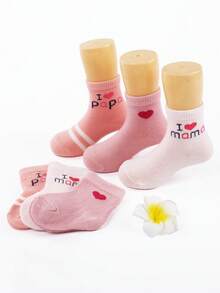 6 双印有“我爱爸爸，我爱妈妈”字母和心形图案的女婴袜子，条纹可爱心形粉色主题，必备礼物，可爱款式适合春夏季，薄款中筒袜长度 - 彩色 - 查看 3