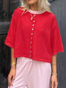 Women Short Sleeve Cardigan Button Down Open Front Knit Crew Neck Sweater Tops Oversized Lightweight Cardigans - Red - View 1