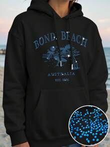 Love Joyy Shiny Rhinestone Pattern, Bondi Beach Coconut Trees And Surfing Pattern Solid Color Pullover Hoodie Loose Fit Dropped Shoulders With Pockets, Hot Rhinestone Craft Casual Summer Hooded Sweatshirt Fashion Clothing Daily Casual Wear
