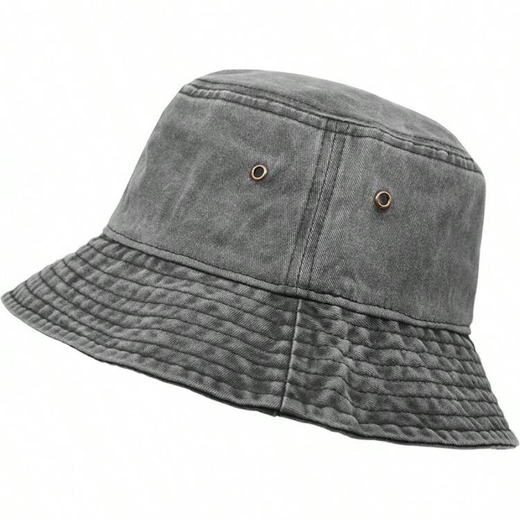 Bucket Hat, Wide Brim Washed Cotton Outdoor Hat Flat Top Cap Fishing Hiking Beach Sports - 灰色 - 查看 6