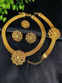 1 Set Luxury 4pcs Gold Plated Pendant Rope Jewelry Set, Includes Necklace, Earrings, Bracelet, Ring - Elegant Middle Eastern/Dubai Bridal Accessories, Formal Dress Decorations, Holiday Gift