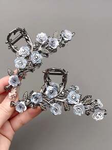 1 Peça Presilha Decorativa de Cabelo de Estilo Elegante em Liga de Metal Preta com Rosa para Coque, Estilo Minimalista e de Luxo, Presilha de Cabelo para Uso Diário, Grampos de Cabelo, Grampo de Cabelo, Pinças de Cabelo, Clipe de Cabelo