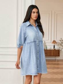 Women's Fashionable Casual Light Blue Washed Snowflake Pattern Denim Dress With Short Sleeves, Elastic Cuffs And Frayed Hem - Light Wash - View 2
