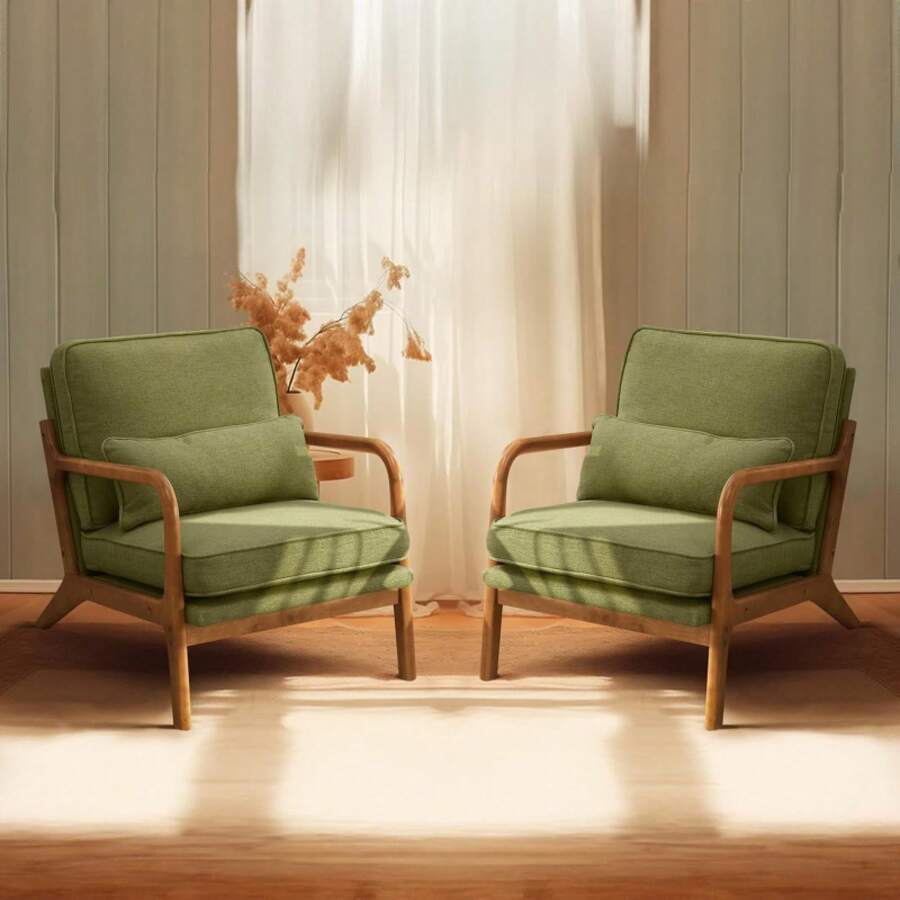 Dark Green Linen Accent Chairs Set Of 2, Upholstered Mid Modern Lounge Fabric Chairs Reading Chairs Side Sitting Chair Solid Wood Farmhouse Armchairs Living Room, Bedroom, Guest Room - Linen-dark Green - View 1