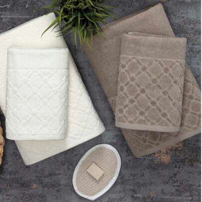 Made In Turkey - Güvenal Vegas 6-Piece Luxury Towel Gift Set – 100% Turkish Cotton Jacquard Velour | 2x Jacquard Velour Hand & Face Towels (50x90 Cm) | 2x Jacquard Velour Bath Towels (70x140 Cm) | Bath Towels, Hand Towels, Soap & Bath Glove | Soft & Absorbent | Boxed Wedding & Bathroom Set