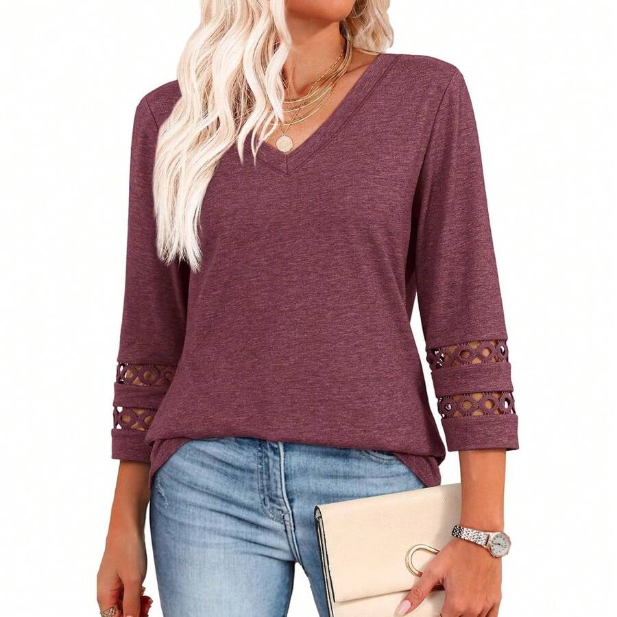 XIEERDUO 3/4 Length Sleeve Womens Tops Dressy Casual Blouses For Women 2025 V Neck T Shirts Summer Clothes - Wine Red - 查看 1